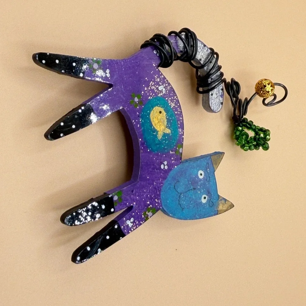 Whimsical Purple Blue Cat Brooch Pin Painted Wood Fish Wire Tail Folk Art Gift